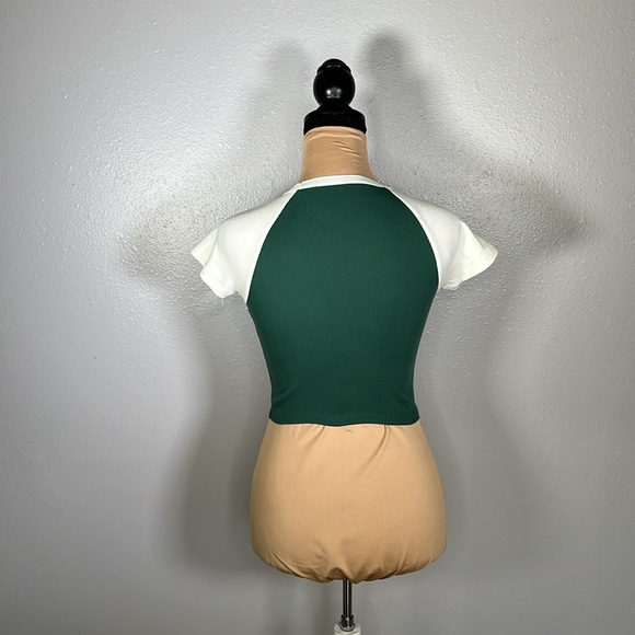 1989 LA Graphic ringer Baby Tee Crop Top Green White S collegiate sporty casual - Picture 6 of 11